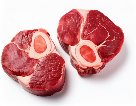 two raw beef shanks with a prominent bone showcasing rich marbling and deep red meat texture on white background sliced meat osso buco isolated