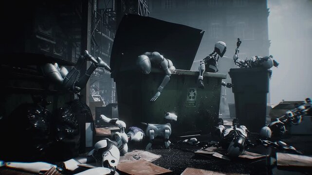 Humanoid Robots Abandoned in a garbade, Symbolizing Obsolete Technology, Artificial Intelligence Waste, and Machines That Have Become Useless and Unwanted