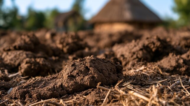 Close-up of freshly plowed soil on a farm with a traditional thatched-roof hut in the background