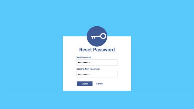 Animation of a user interface for resetting a password on a website or mobile application featuring a blue background and a minimalist white window.