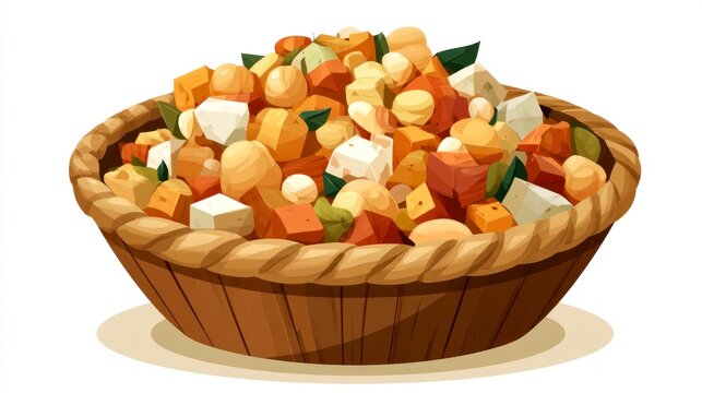 Healthy Roasted Chickpea and Sweet Potato Bowl with Tofu and Greens in a Wooden Basket, Vector Illustration