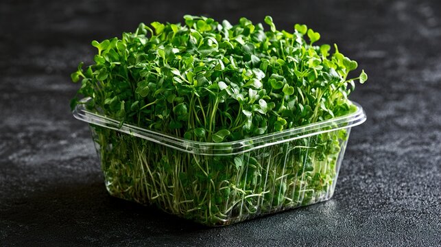 Fresh green microgreens sprouts in plastic container on dark background.