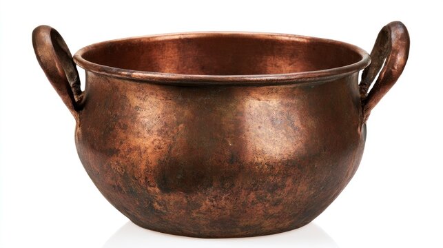 Vintage weathered copper pot with handles isolated on white background