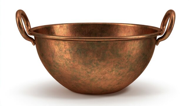 Antique Copper Jam Pot with Two Handles Isolated on White Background