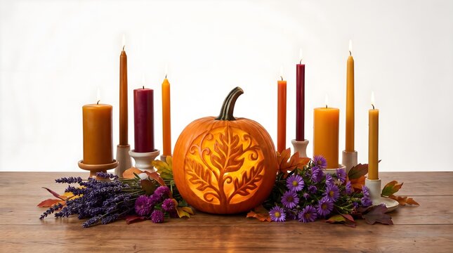 Carved leaf pattern pumpkin centerpiece with tall taper candles and purple lavender flowers on rustic wooden table
