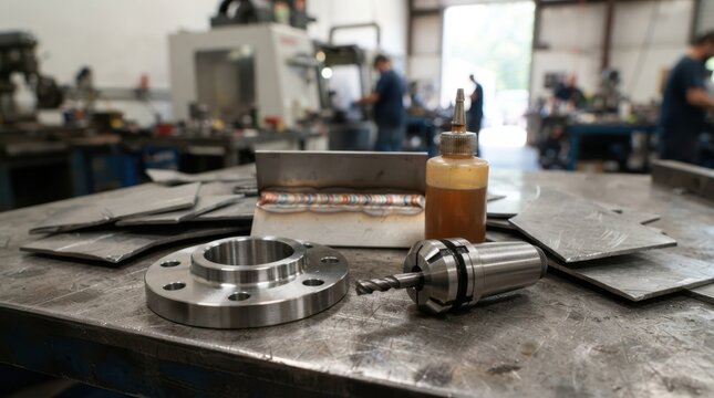 Machined steel flange, welded seam sample, collet chuck, cutting fluid bottle, and sheetmetal offcuts on a fabrication bench
