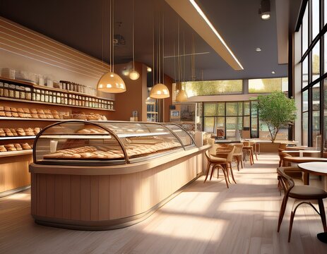 modern bakery cafe interior 3d rendering