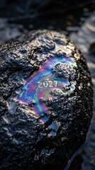 Fototapeta premium New year 2027 concept with iridescent oil slick pattern on dark wet