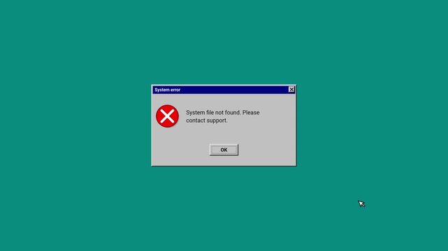 Vintage Computer System Error Message Pop Up Window with Red Warning Icon and Mouse Cursor on Classic Green Desktop Interface Background Display