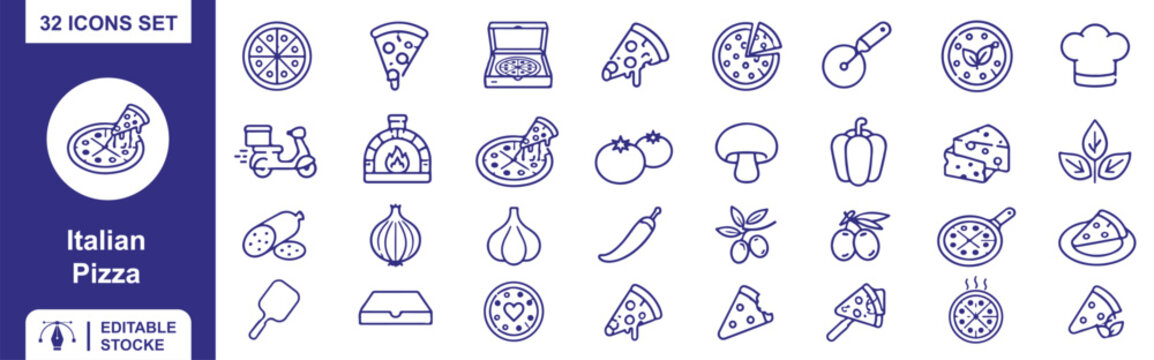 Italian Pizza Line Icons Set &ndash; 32 Editable Stroke Pizza, Italian Food and Restaurant Icons