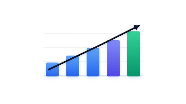 Upward trending bar graph with a diagonal line showing growth