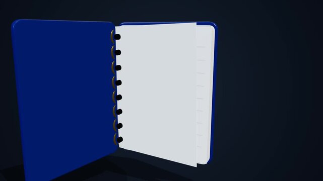 Open notebook with blank pages and spiral binding on dark background