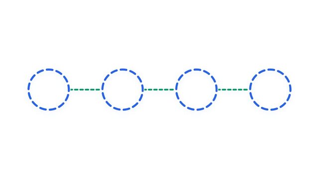 Three dashed blue circles connected by a dotted green line on white background.