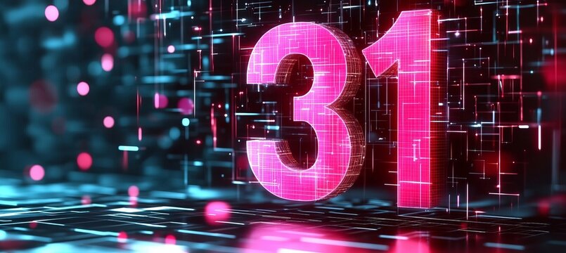 Futuristic 3D Number 31 Glowing in Neon Pink Lines on an Abstract Digital Background Representation