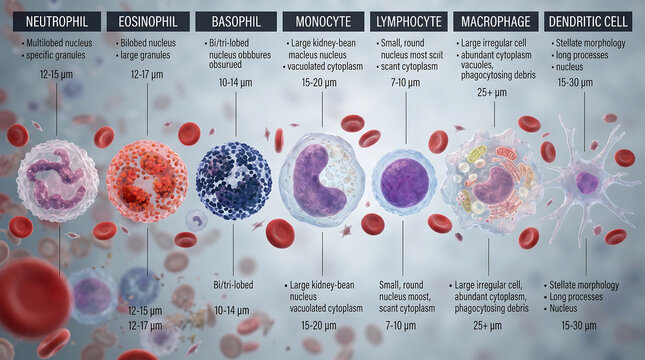 The anatomical illustration shows the types and characteristics of white blood cells (leukocytes), including neutrophils, eosinophils, basophils, monocytes, lymphocytes, macrophages, and dendritic cel