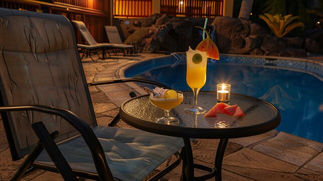 Two cocktails with garnish and a candle sit on a table by a pool at night