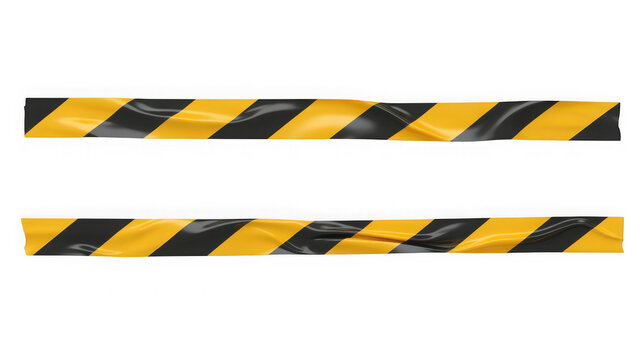 Two strips of yellow and black hazard caution tape isolated on transparent background. Use these for construction zone warnings or site safety design projects.
