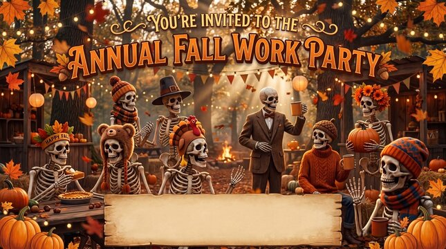 Annual Fall Work Party Invitation Banner with Cute Skeletons Celebrating in Autumn Woods with Blank Banner Copy Space