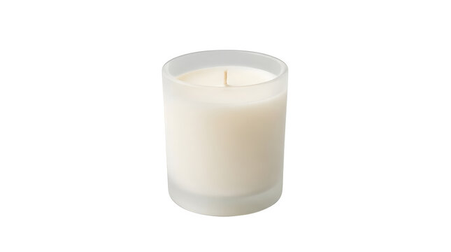 A single white scented candle in a frosted glass jar isolated on transparent background