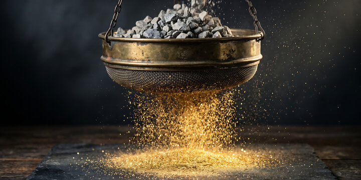 A brass sifter separates small gray rocks, allowing a cascade of shimmering gold glitter to fall onto a dark, textured surface.