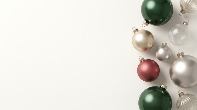 Festive christmas ornaments in shades of gold green silver and red on a white surface