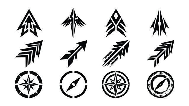 Modern stylized arrow and compass vector icons with transparent background designs