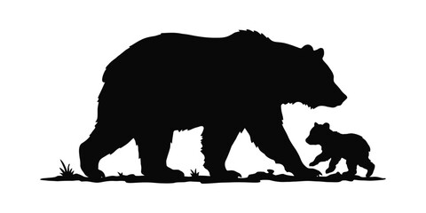 Mother Bear Walking with Bear Cub in Nature, Wildlife Family Silhouette Representing Protection, Love and Animal Parenthood © Ayan