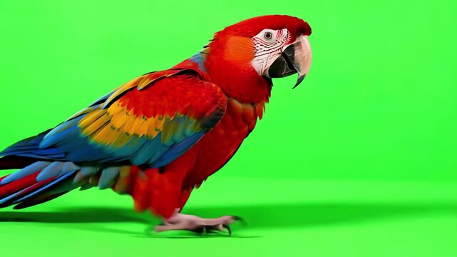 Colorful tropical parrot walking across a bright green screen background for video compositing and vfx