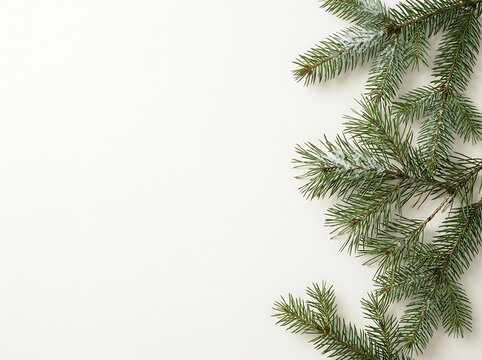 Evergreen branch with light frost on a white background winter holiday seasonal decoration