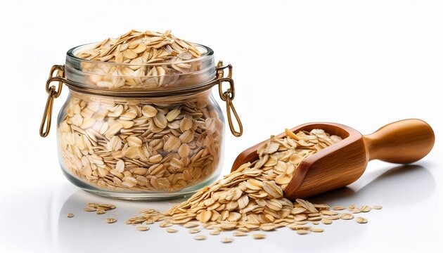 glass jar with rolled oats and wooden scoop on white background oats isolated