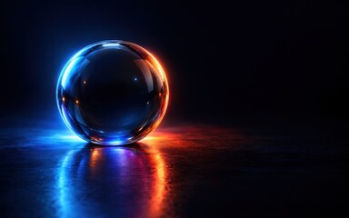 Fototapeta premium A glowing crystal sphere illuminated by split blue and orange neon light in the darkness. Conceptual imagery for.