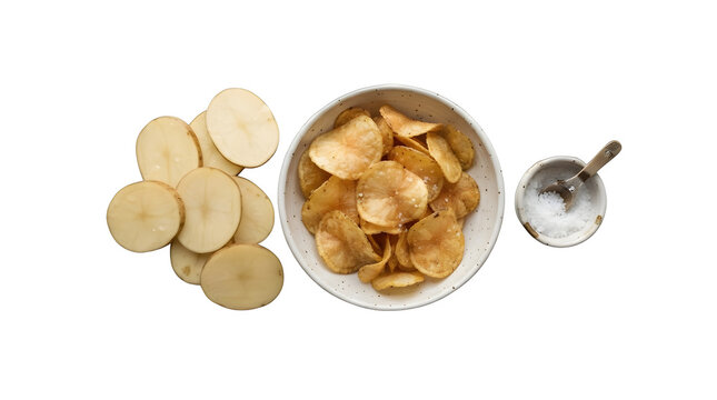 Raw potato slices next to a bowl of cooked potato chips and a small dish of salt isolated on transparent background