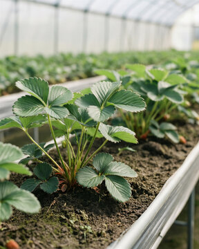 Young strawberry plants growing in a raised trough