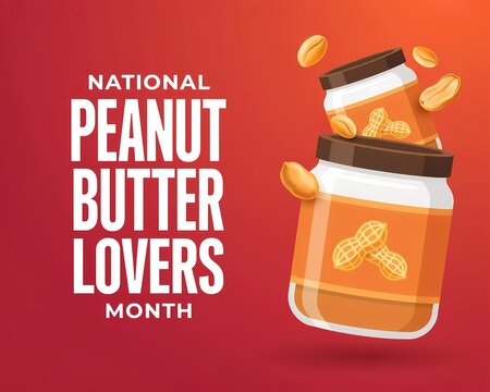 National peanut butter lovers month illustration with jars and nuts on a red background