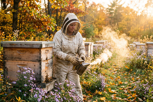 Autumn apiary beekeeper using smoker beside wooden hives