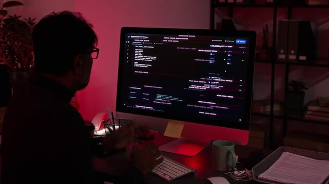 Middle aged man and Asian woman IT engineers reacting to critical data breach warning on desktop computer. Footage suited for cybersecurity awareness campaigns and corporate data protection promos