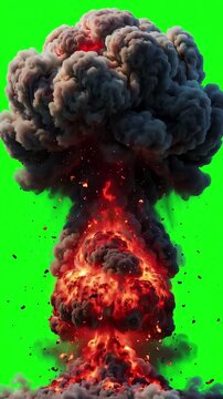 Massive mushroom cloud explosion rising with smoke and fire isolated on a bright green screen background for visual effects compositing