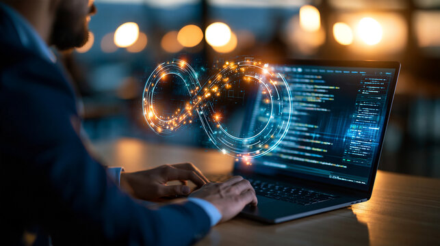 Rear three quarter view of a european businessman coding programs on a laptop with devops loop icons floating beside the screen face out of frame software development concept