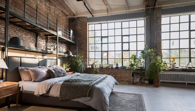 an industrial style bedroom with pipe shelving neutral tones and large factory style windows combining functionality with edgy design interior