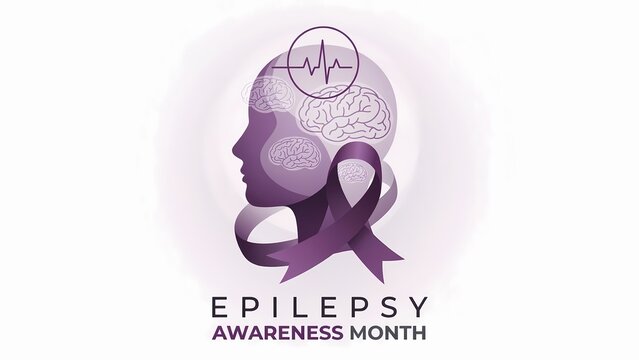 Epilepsy awareness month design with human head silhouette brain and purple ribbon symbol
