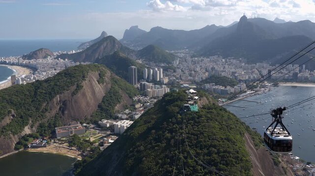 Cable car descending from Sugarloaf Mountain with sweeping views of Rio de Janeiro during summer, Brazil.