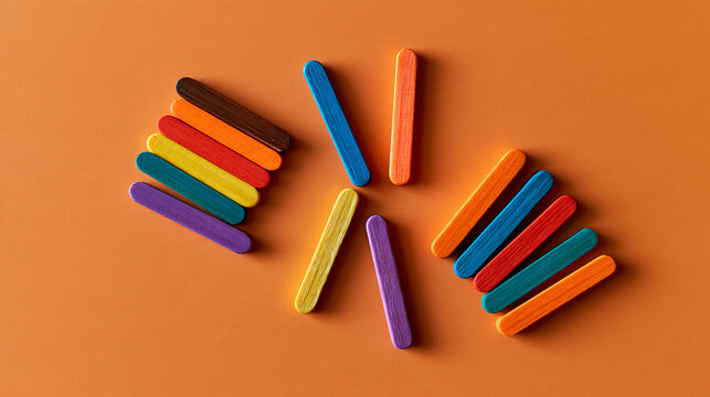 Top view of colorful wooden sticks arranged in three separate groups on an orange background seo concept on site optimization technical optimization off site optimization strategies
