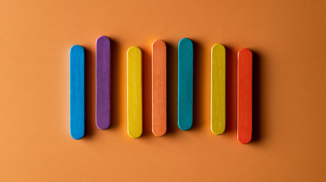 Top view of colorful wooden sticks arranged in three separate groups on an orange background seo concept on site optimization technical optimization off site optimization strategies