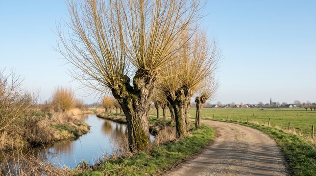 Row of pollard willows with bare branches along a winding dirt road and narrow canal under a clear blue sky in a rural landscape, concept of natural beauty and tranquility