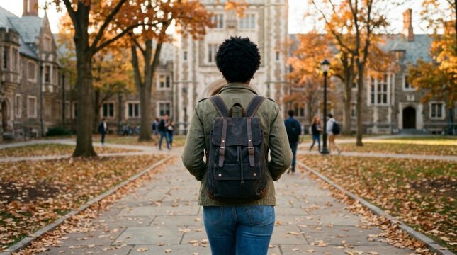 Young woman with backpack walking on a tree-lined path towards a university building in autumn, with fallen leaves on the ground, concept of education and personal growth