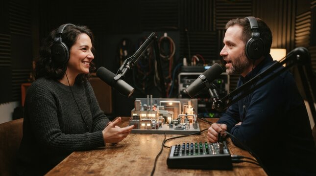 Podcast host and guest recording in a sound-treated studio with microphones, headphones, mixer, and factory model on the table