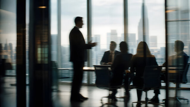 businessman presenting standing before seated colleagues in glass meeting room