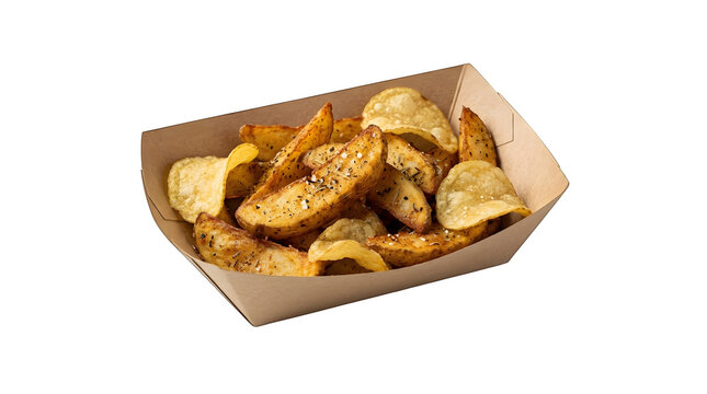 A paper tray filled with seasoned potato wedges and crispy potato chips isolated on transparent background
