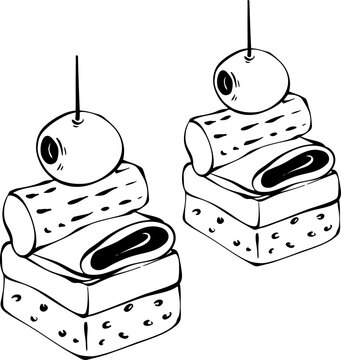Savory roll appetizers with olives on toothpicks for restaurant menu vector illustration