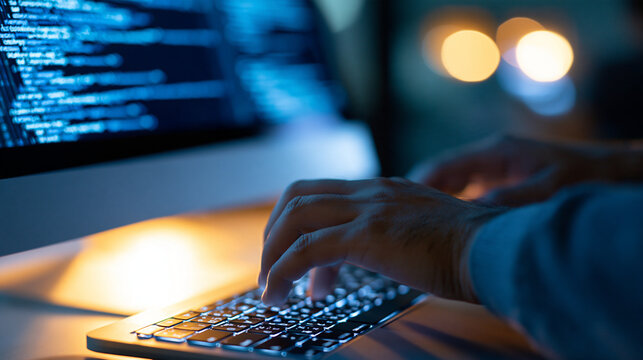 Cropped hands typing on a computer keyboard in front of a monitor displaying blue code in a dark room lit by the monitor face out of frame focus and concentration person works on